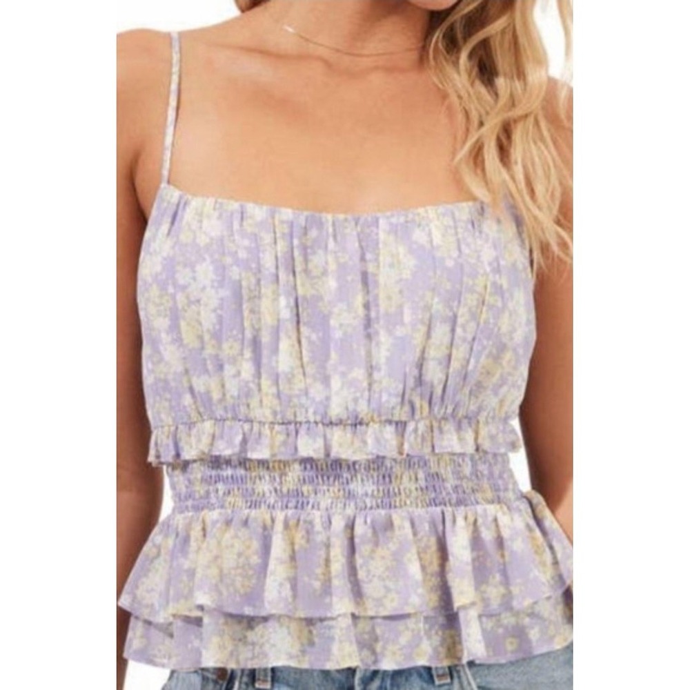 ASTR The Label Floral Smocked‎ Peplum Camisole Top Sz L Purple Yellow Romantic